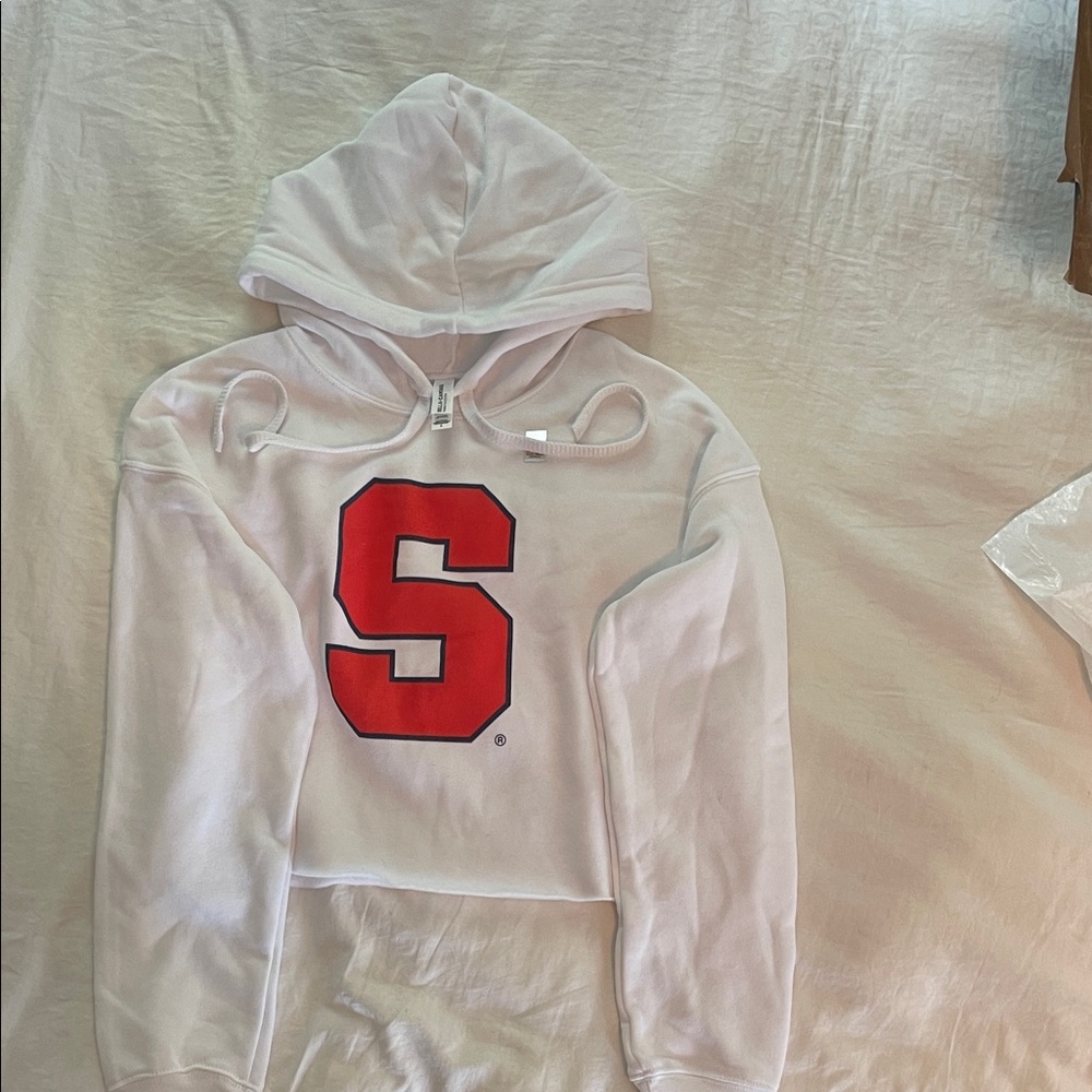White Cropped Hoodie with Red S Logo